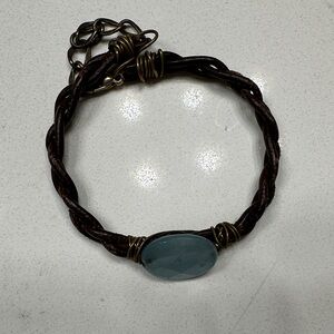 Handcrafted Brown Leather Bracelet with Aqua Stone
